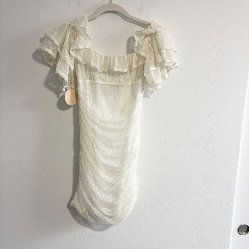 Camila Coelho Eva White Ruched Mini Dress Ruffle‎ Sleeve  Mesh Small NEW - Picture 2 of 8